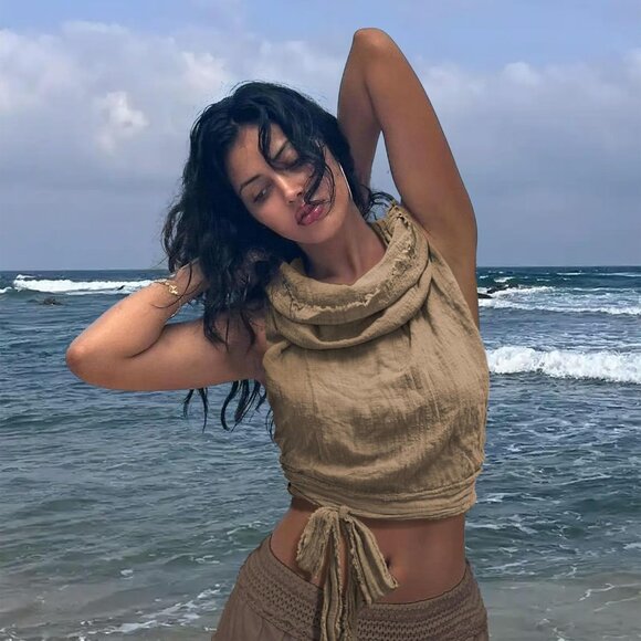 ⚡Women's Beige Crop Tank Boho Open Back Cross Wrap Swim Cover Up Top - Picture 7 of 7